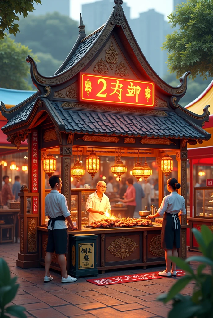 Traditional Thai-style grilled pork booth, with 2 meter social distancing.
