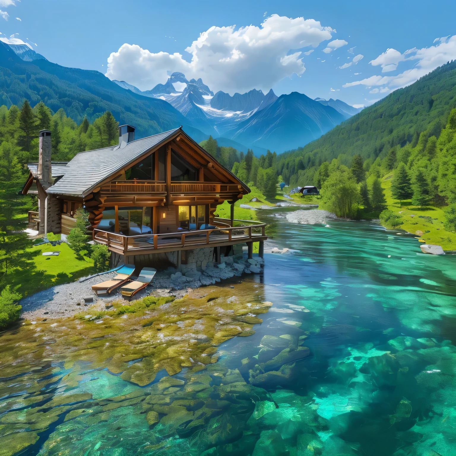 "A picturesque cabin perched on the riverbank, with a boat gently floating in the crystal-clear water. This serene log cabin, nestled beneath the majestic Alps, is seamlessly integrated into the surrounding mountainous landscape. The setting features stunning water, showcasing a stream flowing through the property. The scene is surrounded by breathtaking nature, offering a tranquil paradise as the backdrop. The cabin is a peaceful wooden mansion, set amidst lush greenery and vibrant outdoor scenery, capturing an idyllic and enchanting atmosphere in the heart of nature."