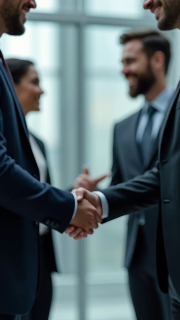 Hands of businessmen shaking in a diagonal with a blurred background
