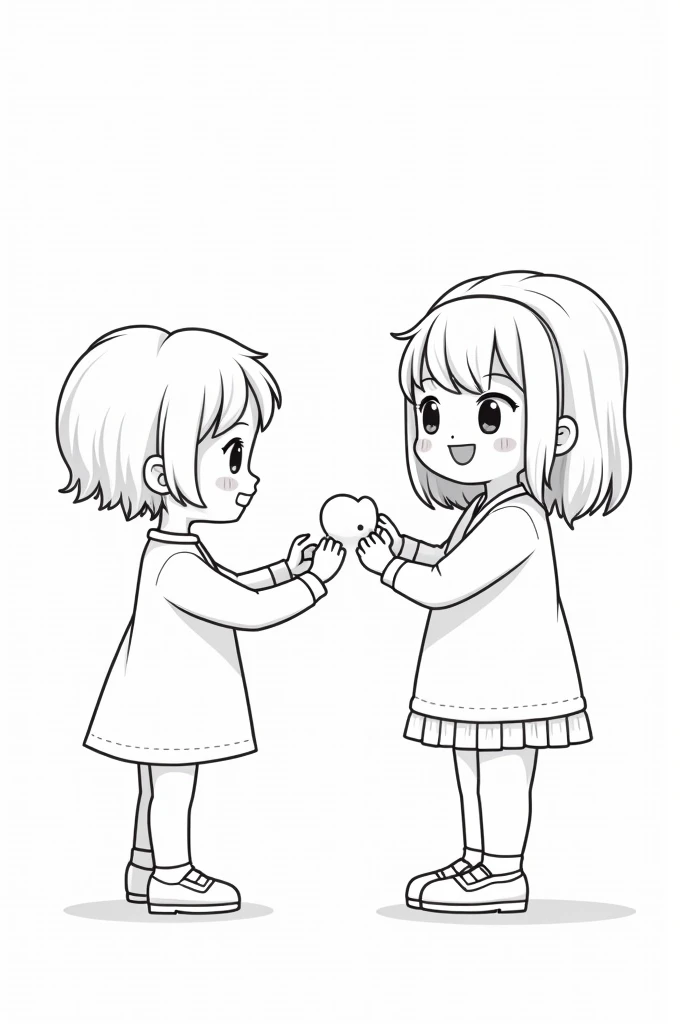 Kawaii coloring drawing of a preschool girl with her hands in front of her, giving a candy to a high school girl