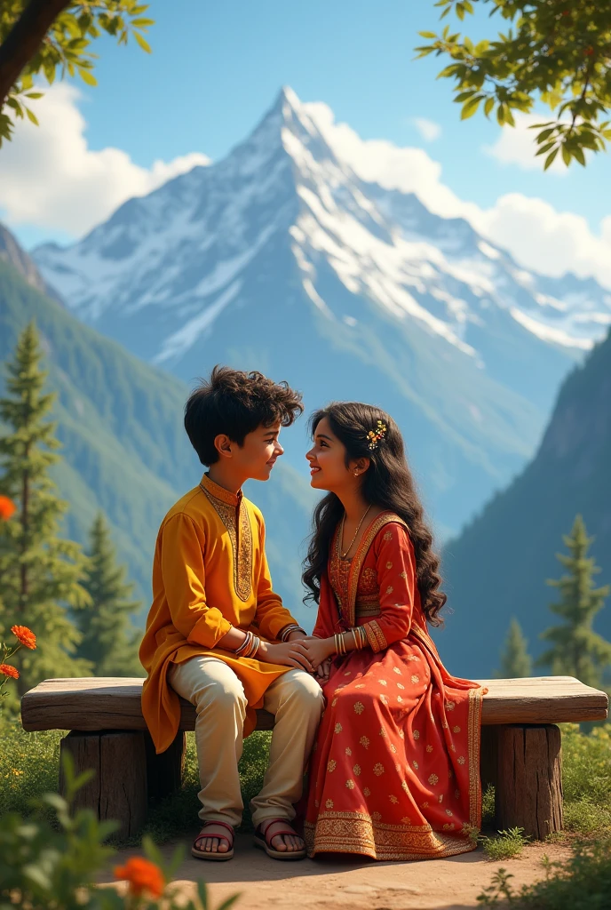 A girl and boy sitting on a bench in mountains wearing Desi dress looking to each other romantically 