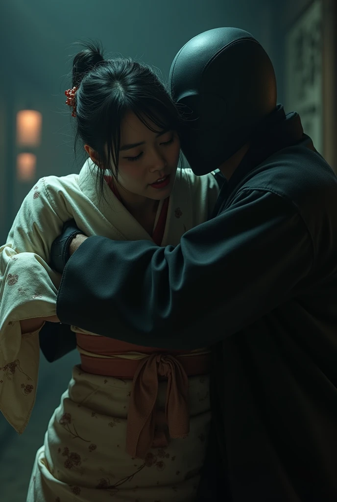 A masked man kidnapping a Japanese girl in a kimono, the man pulling her by the neck aggressively.