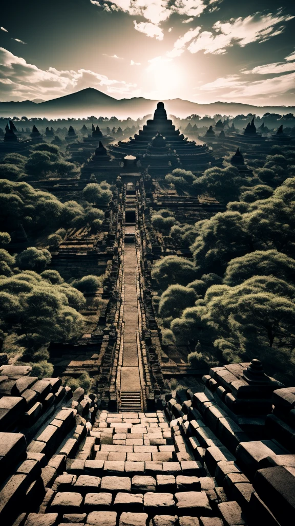 Buddha in Borobudur style，in the distance, A huge and tall Buddha statue stands in the sky with sunset，Stare at the Earth，standing Buddha statue，Glowing light，glow effect，pilgrims on the road，surreal，Super real photos，real photography，8K，HD，high quality，masterpiece，Super fine，Chinese black and white ink style，（（（White））），decolorization，soil，ink，8K，Super fine，high quality，（（（Overclocked renderer）））