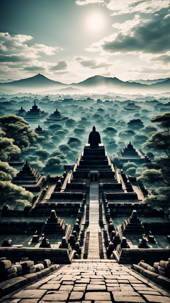 Buddha in Borobudur style,in the distance, A huge and tall Buddha statue stands in the sky with sunset,Stare at the Earth,standing Buddha statue,Glowing light,glow effect,pilgrims on the road,surreal,Super real photos,real photography,8K,HD,high quality,masterpiece,Super fine,Chinese black and white ink style,(((White))),decolorization,soil,ink,8K,Super fine,high quality,(((Overclocked renderer)))