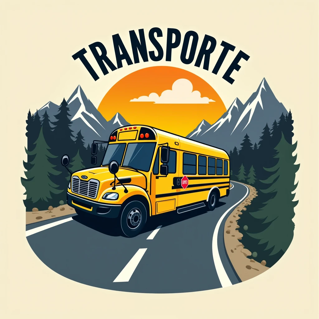 Create a logo that says TRANSPORTE ARAGON with a yellow school bus on a road and mining mountains on the sides