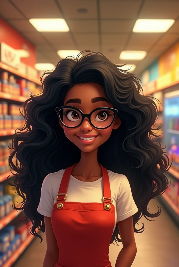 Animated woman with dark skin, wavy hair and glasses working at a supermarket, Disney Pixar cover, frizzy, very long black hair. 
