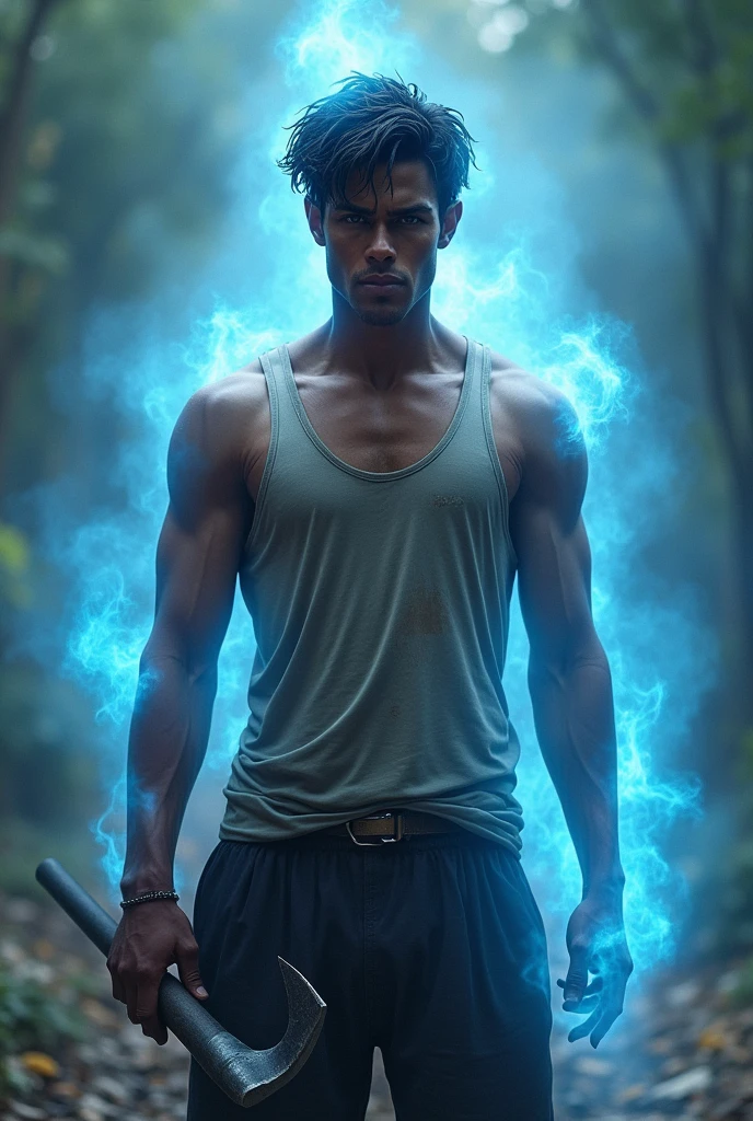 a young adult brown-skinned man wearing a tank top with 1 hatchet and a blue aura