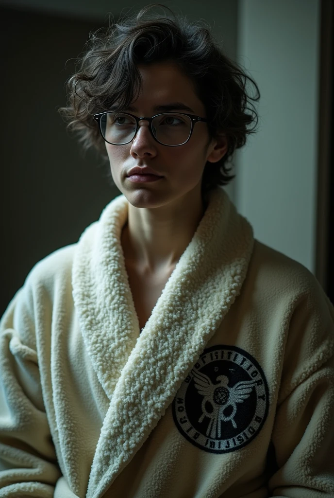 A researcher at the SCP Foundation wearing glasses and a bathrobe with the foundation's logo