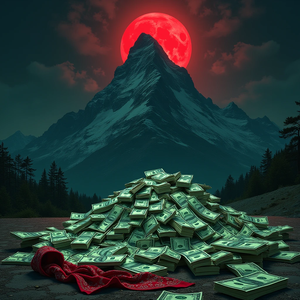 a mountain of cocaine, but make it look like Mount Everest
with 100 dollar bills around it, at night and with a red moon behind, Among the banknotes there is a red bandana and some kilos of cocaine