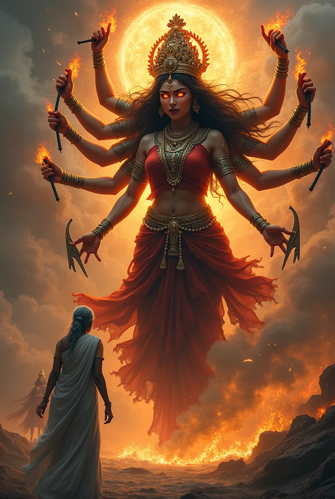 Goddess Durga is angry with fire eyes and stares and with weapon slaughter an old lady who is wearing white saree