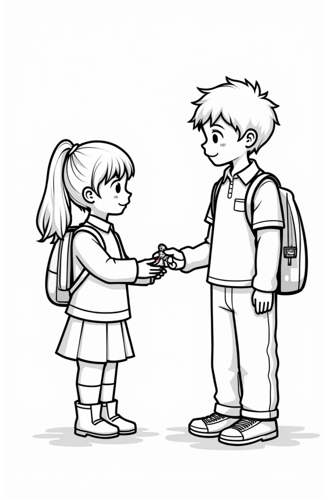 Kawaii coloring drawing of a preschool girl with her hands in front of her, giving a candy to a high school student
