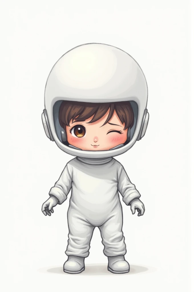 A drawing of a child in a white suit and a white helmet with a surreal and easy to draw face
