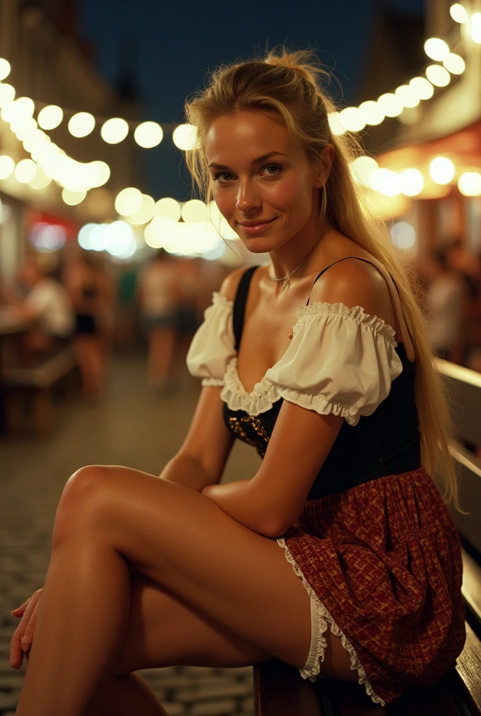 Revealing upper thighs, underneath dress barely visible upper thighs and white thong panties, View from the front, high angle shot, Oktoberfest theme, hair ponytail, Polaroid, Kodak portra 400, dof 85mm, beautiful (blonde) European woman, in her 30s, sitting on a bench in a busy Oktoberfest square, (during night:1.6), thick body and thighs, wearing Oktoberfest dress:1.4), (legs crossed:1.4), knees high uo, (drunk:1.4), (drunken:1.4)