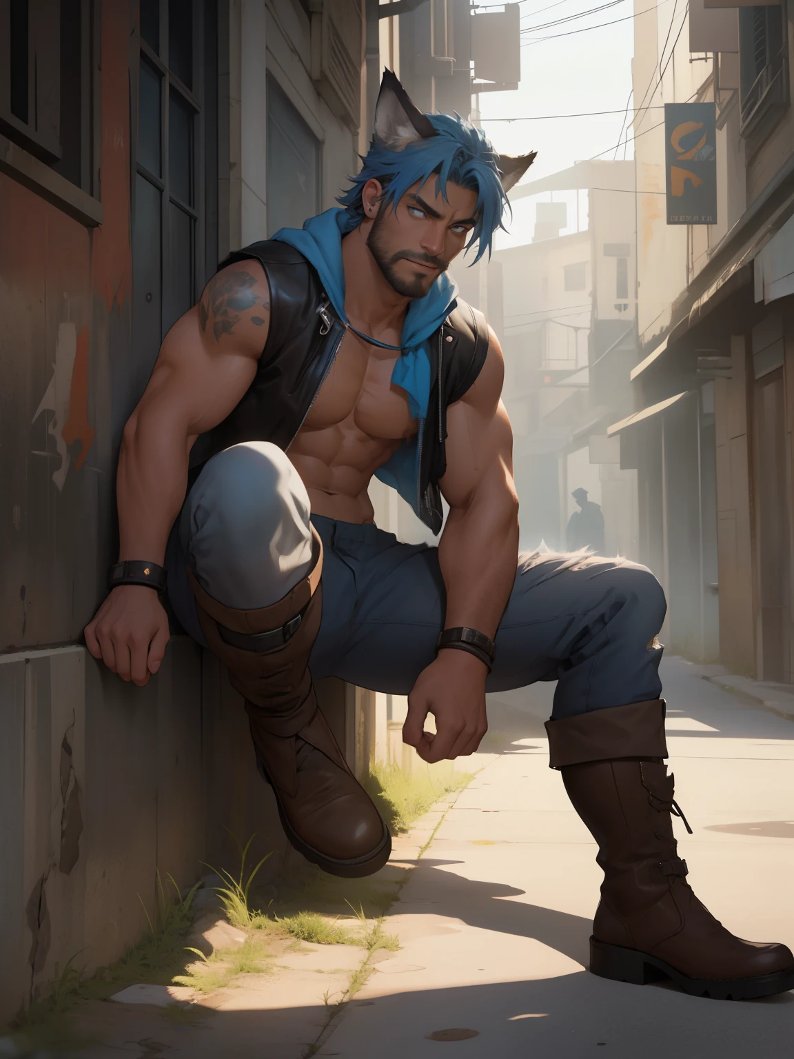 arafed masculine guy ((wearing brown boots)), super cool, stylish, leaning back, short beard, lightly hairy body ((tanned skin)), bulge, very short hair, brightly coloured hair, ((has wolf ears)), ((has wolf tail)), smoky grunge punk graffiti, sparkly, glittery, wearing tight leather pants, wearing sleeveless denim jacket with studs, ((he is solo, he is alone)), glowing blue eyes, wearing blue bandana and leather wrist bands, shirtless