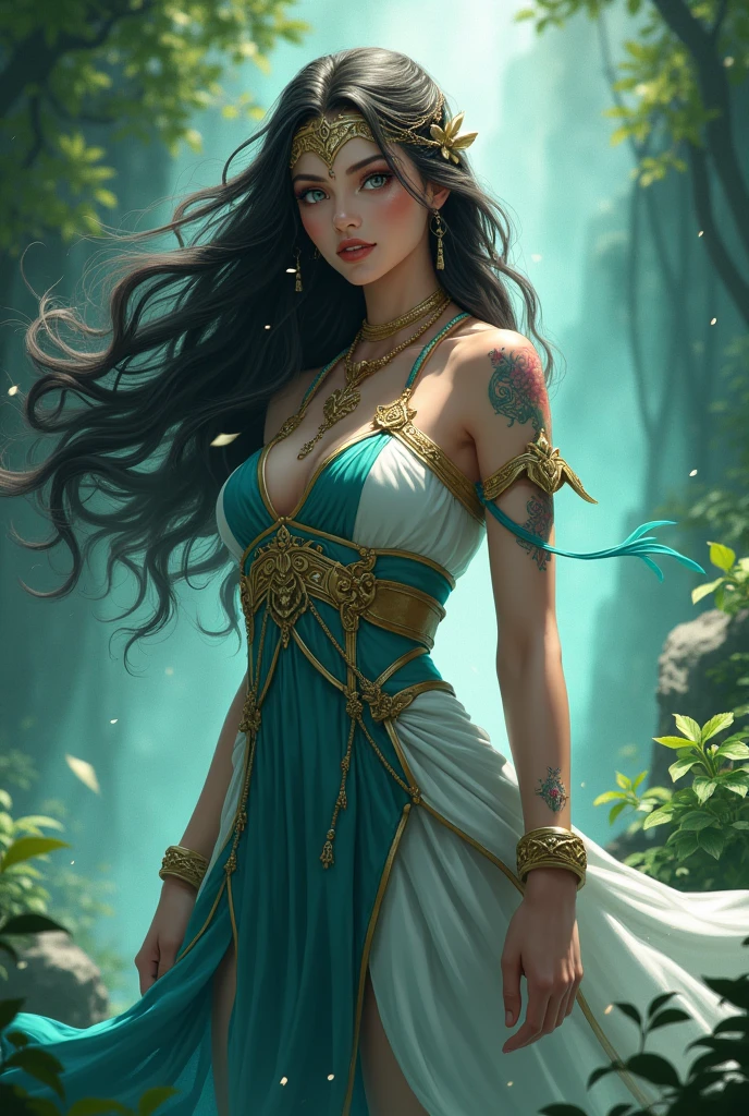A pretty woman. But not just any one. Such a woman, a goddess, deusa dthe elements. She has a strong aura, characteristics aimed at your powers, the elements. She is a fearless woman, with a striking face and look, the same with its characteristics, anime style Blood of Zeus, but she is not just any woman.