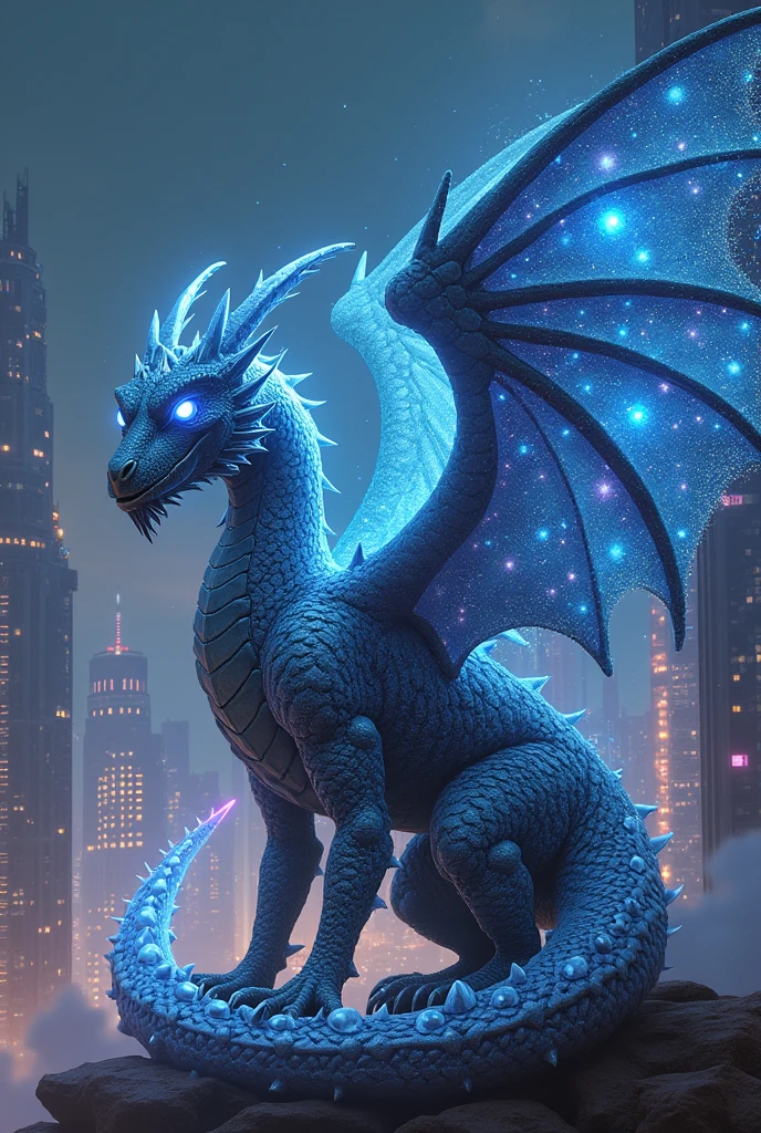 A dragon, with the constellations of the dragon and the raven and the stars imprinted on its wings and skin, cyberpunk style drawing
