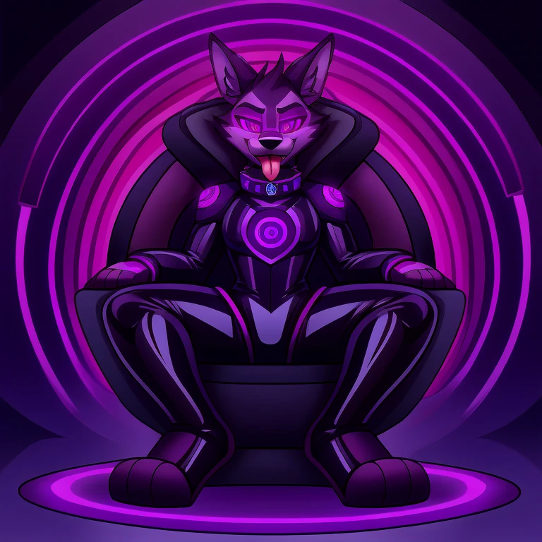 (Vortex hellhound) in (brainwashing chair), (hypnotized with glowing purple eyes, tongue out) (in black latex clothes uniform), (@_@), (Brainwashing), (Mind Control), (Mind control Headset), collar, Mind Control, Hypnosis, Mind Control Visor, brainwashing machine, entranced, creepy smile, (sitting in brainwashing chair),