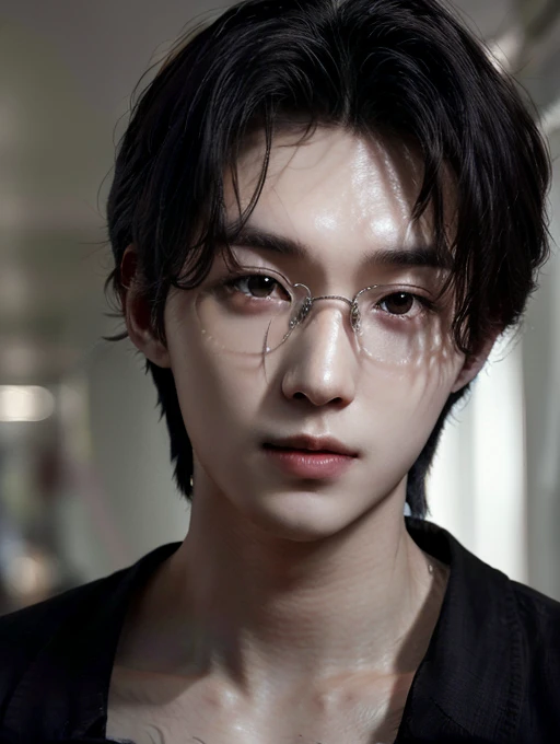 1 boy, asian, 22 years old, handsome, pale skin, dragon eyes, black glasses, black hair, detailed eyes, detailed face, detailed skin, selfie, indoor, dynamic pose, photorealistic, high quality, 8k, hyper detailed, award winning photograph, cinematic lighting, dramatic shadows, vibrant color palette