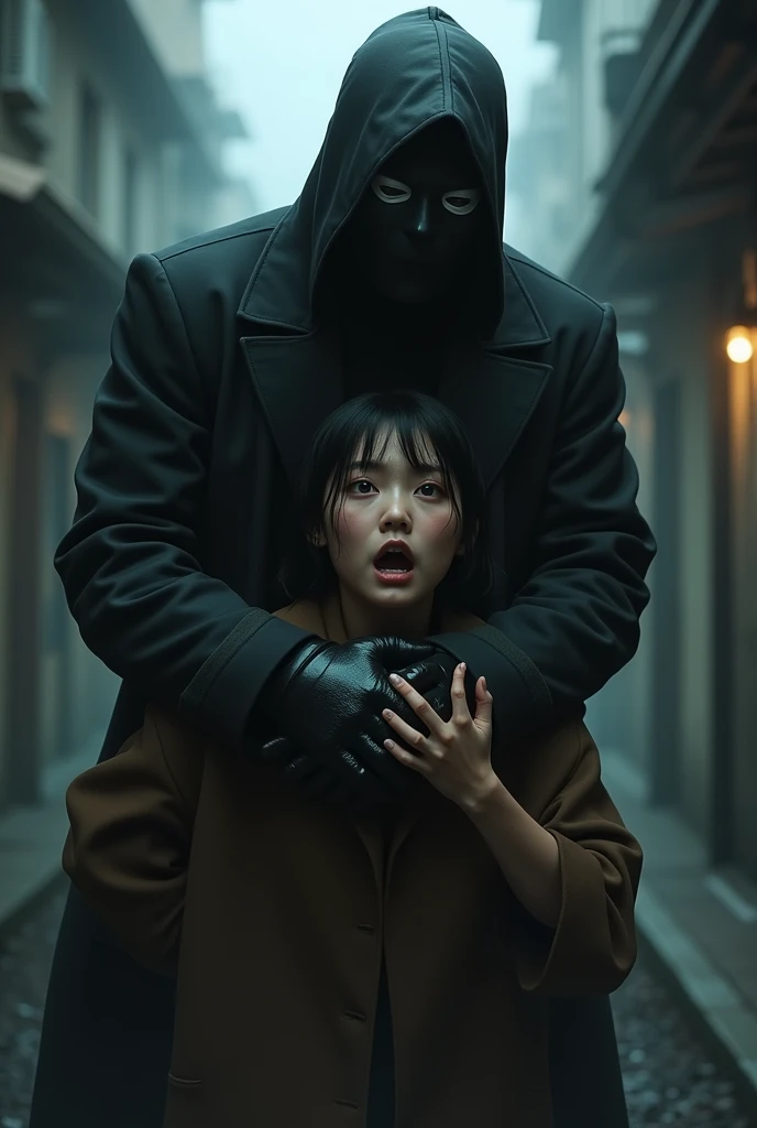 A masked man kidnapping a Japanese girl by pulling her by the neck aggressively.