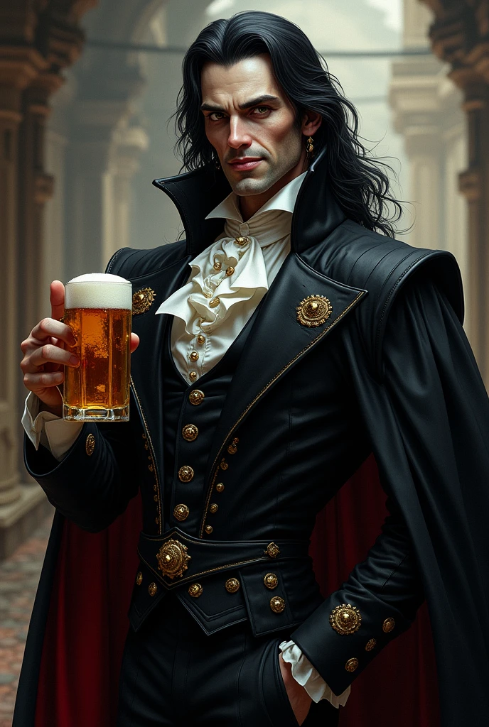 strahd von zarovich with jet black long hair giving a thumbs up while holding a beer while smiling 