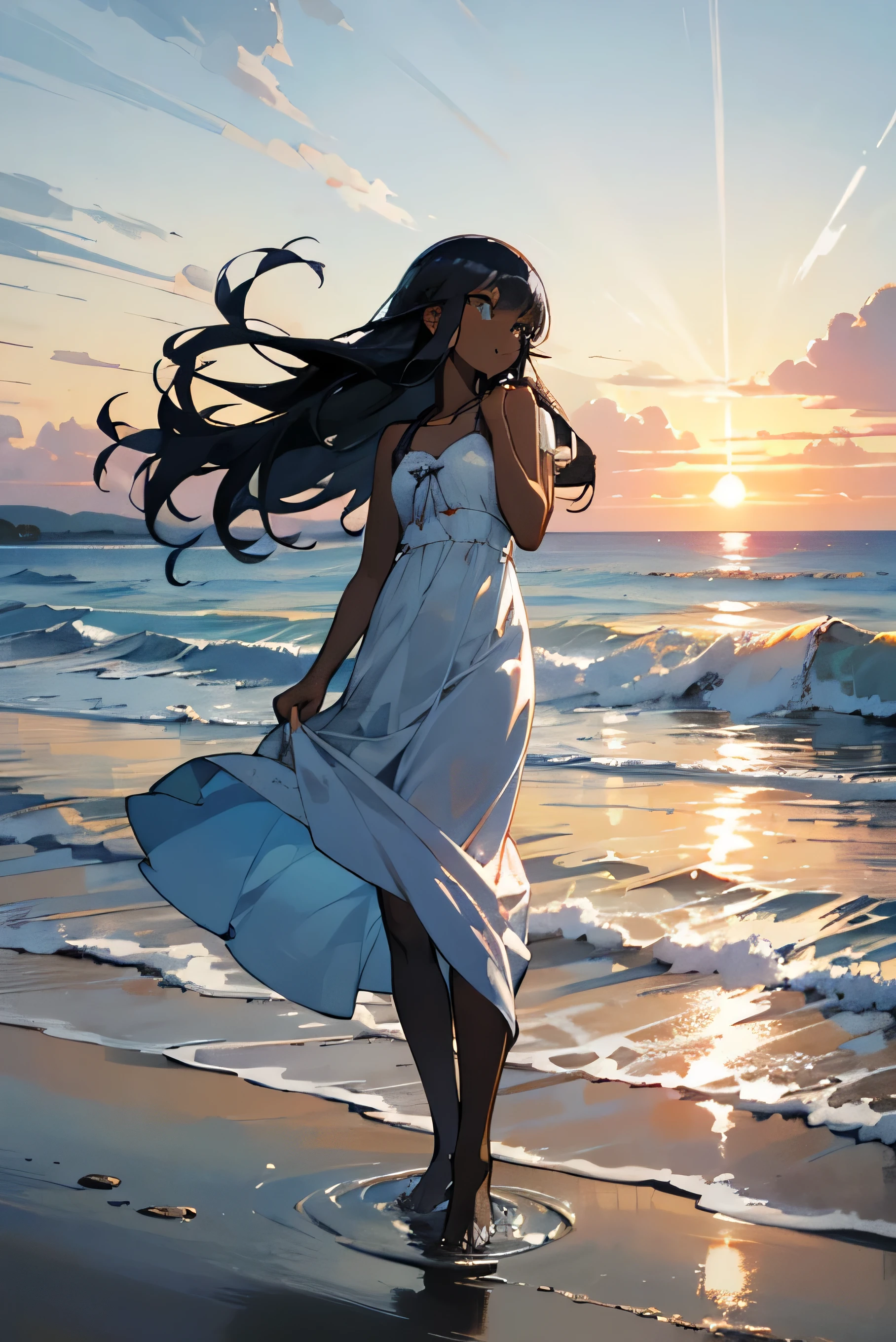 With a girl,Seaside,sunlight,sunset,Hand in hand,comics,High resolution,Long Hair,Beach Dresses,Perfect Face black skin inside the water standing in the water