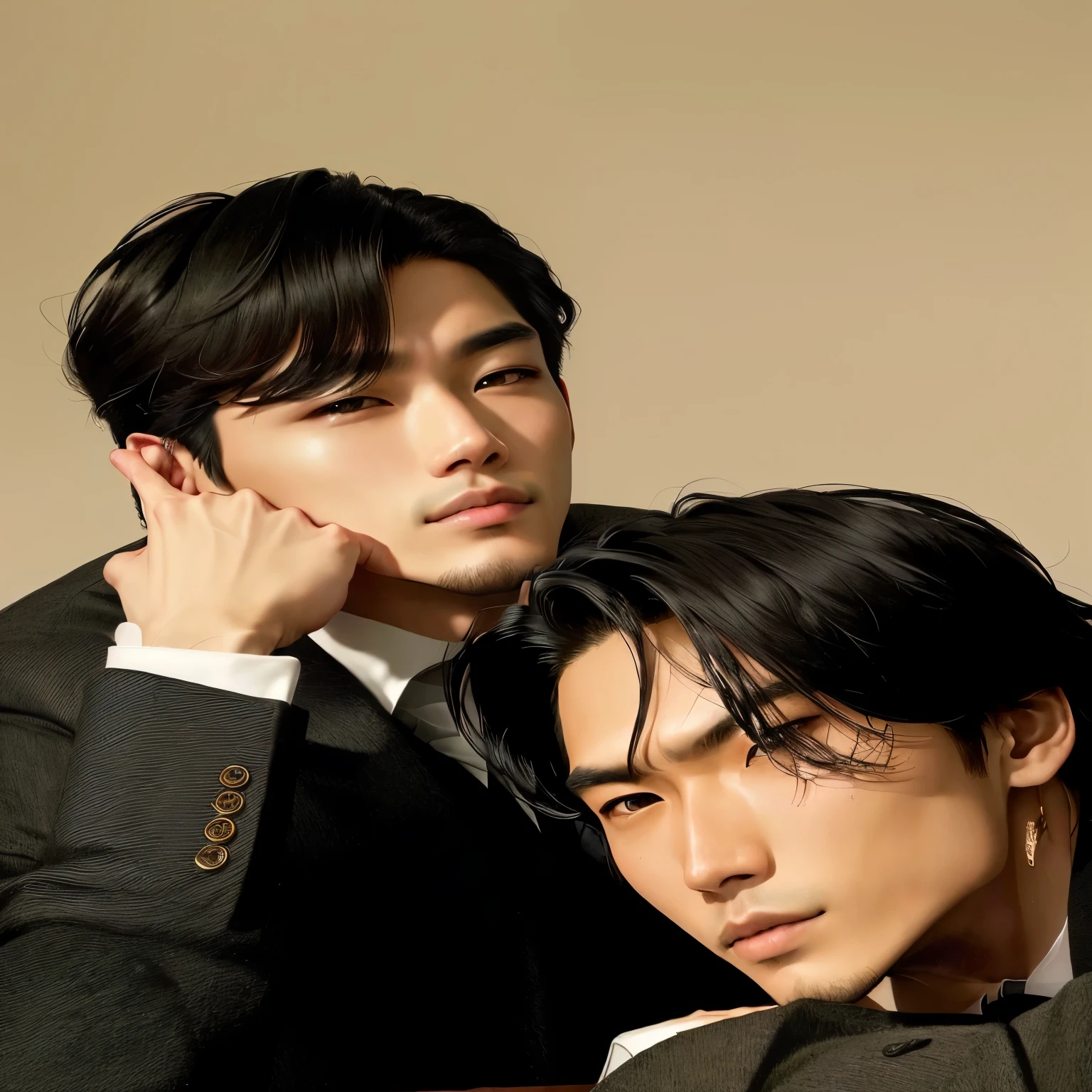There are two Asian men in suits posing for a photo., lee wonbin, gunwoo kim y j.Dickenson, Daoshi, infinite, romantic protagonist, actors, By Tadashi Nakayama, SFW, Promotional photo, Photoshoot, biographical film, para gq, TaeJune Kim, Fanart oficial, yaoi, bottom, Kim Doyoung, Promotional image, Promotional image