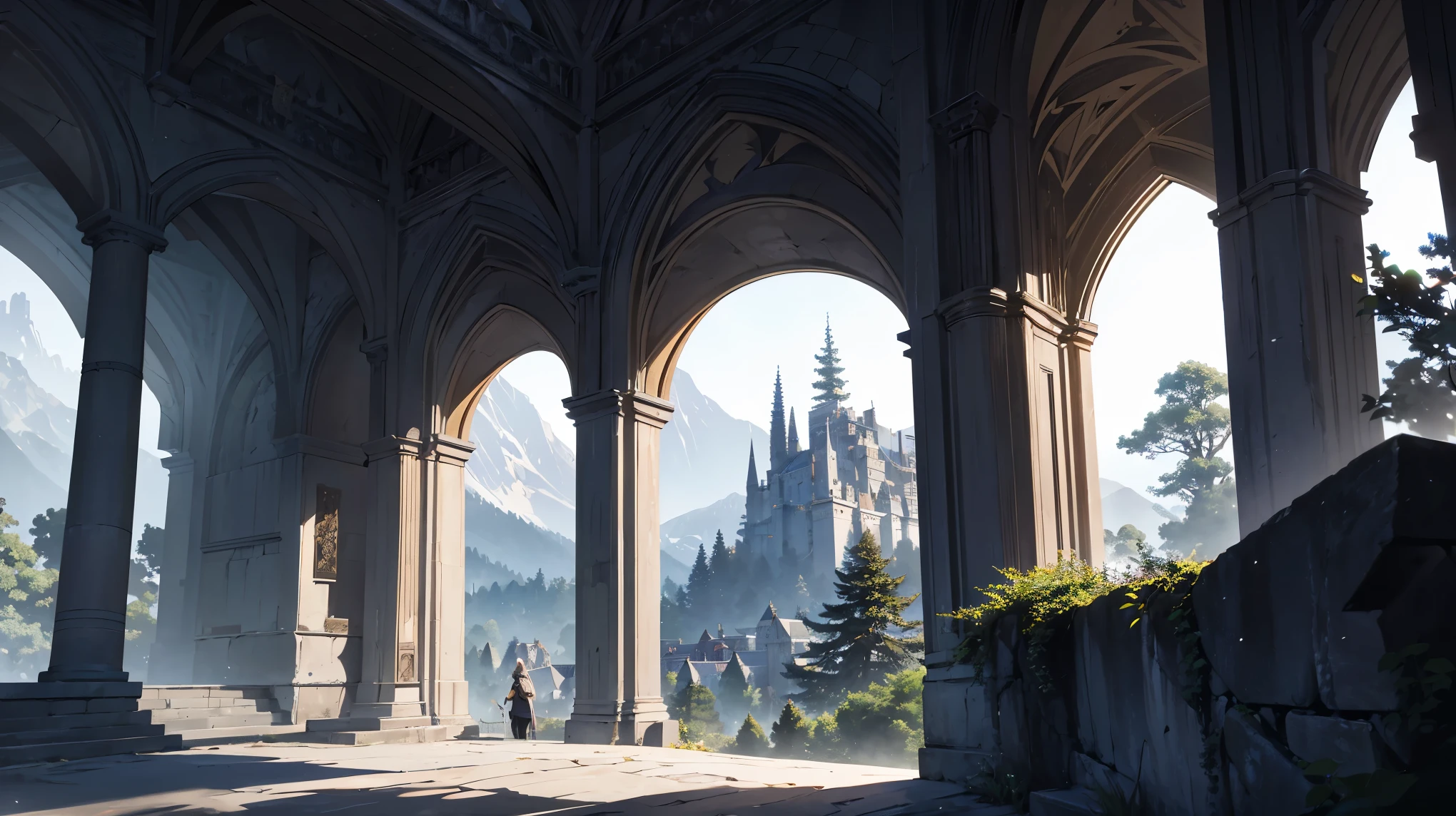 In the subtropics, a steep mountain with a variety of trees, tall trees, at the top of the mountain there is a dark gray palace built of stone, with stone grain and gray walls, Climbing up the hill, I would find a small dormitory where the main character, Ian Fairy Tale, stayed for a while on his way to the Marchen Academy
