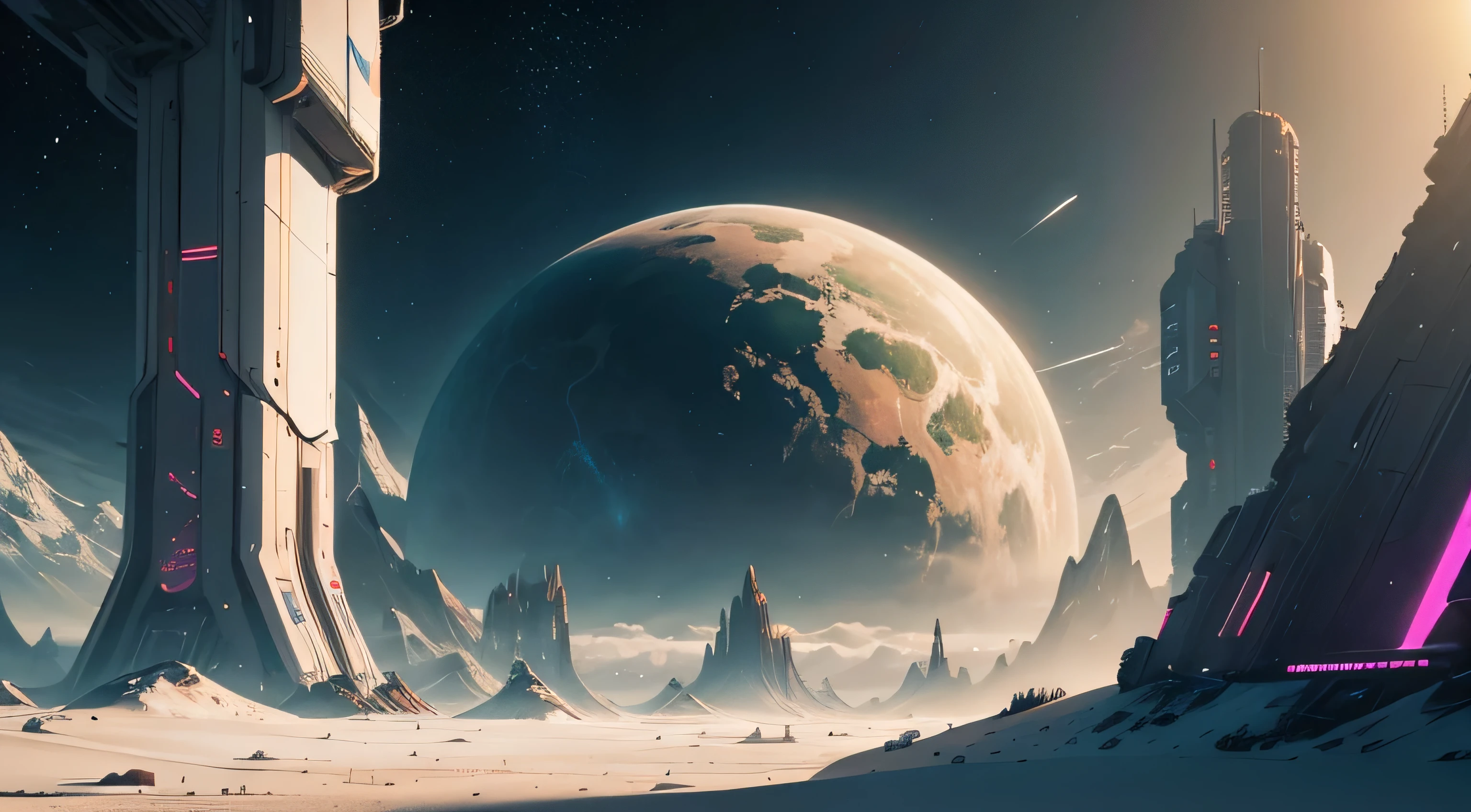 Landscape. Cyberpunk. High Tech. Space. Nature. Planets. Peaceful. No imperfections.