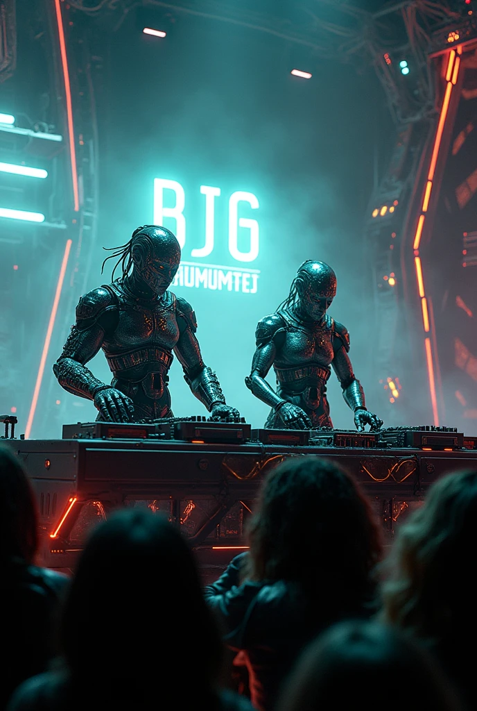 2 DJs on stage.
Theme the Borg from Star Trek.
Names Lokutos and Oratus.
The name is on the screen.
Techno Party.
The DJs should look more Borg-like, as they did in Star Trek: The Next Generation.