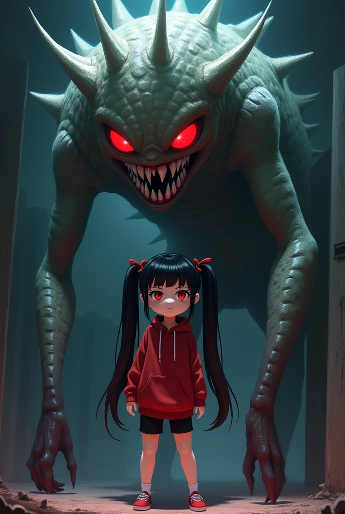 Create art of Huggy Wuggy from Poppy Playtime with a black haired red eyed anime girl with her hair in twin tails wearing a red hoodie and black shorts