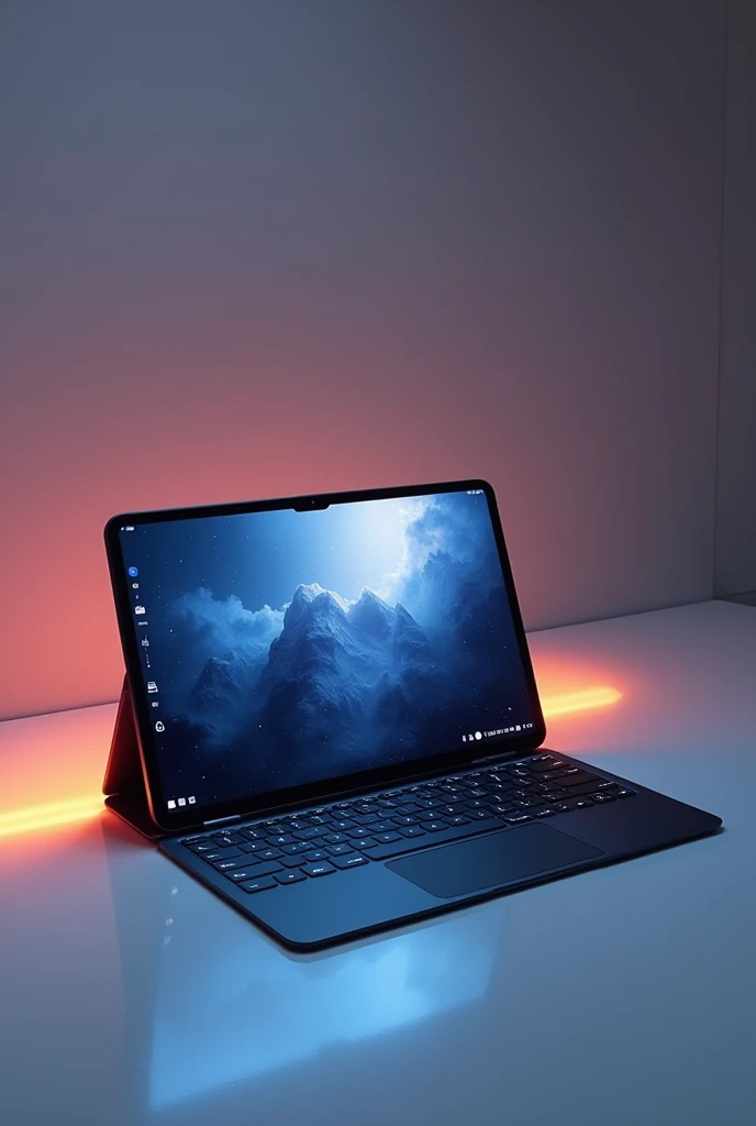 A tablet with a 10.1" In the black color, with the screen on ,infinite screen without borders,with a keyboard with black Mousepad with the led keys on.