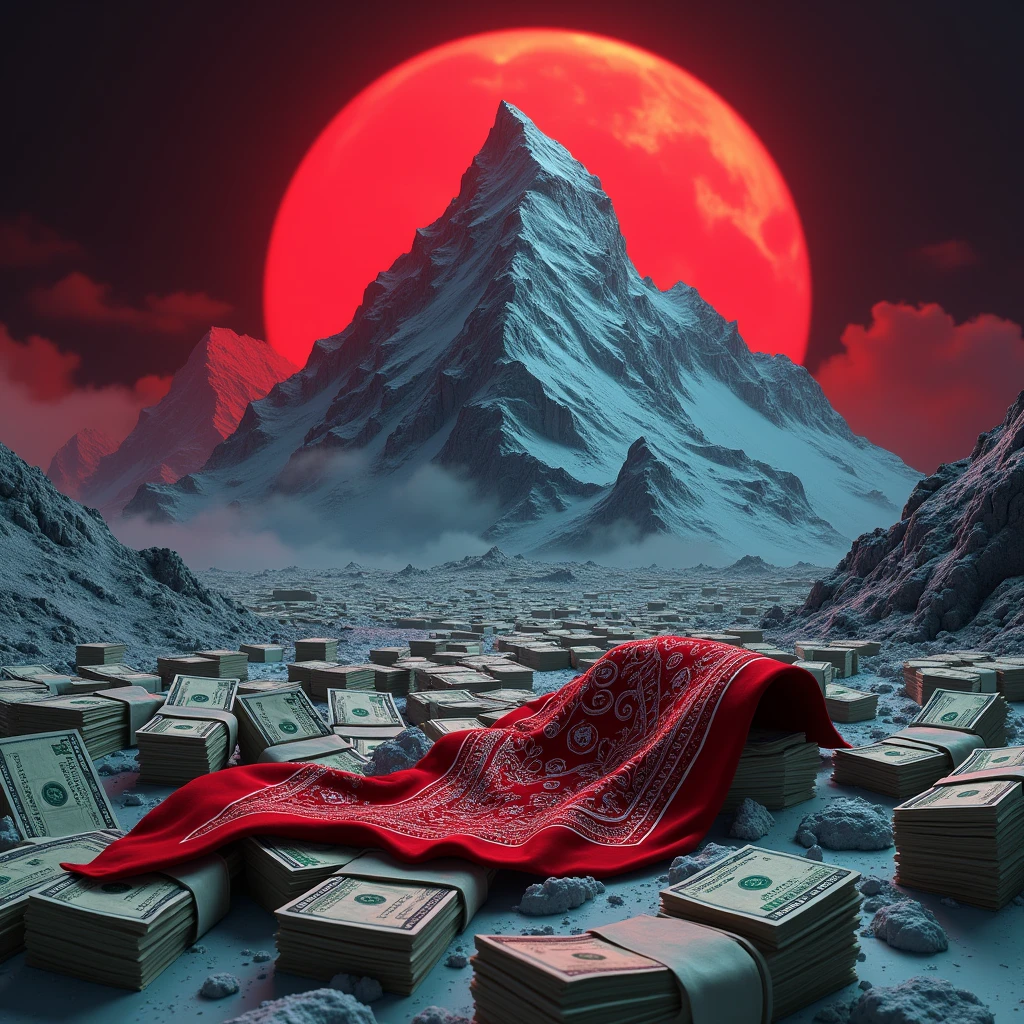 a mountain of cocaine, but make it look like Mount Everest
with 100 dollar bills around it, at night and with a red moon behind, Among the banknotes there is a red bandana and some kilos of cocaine