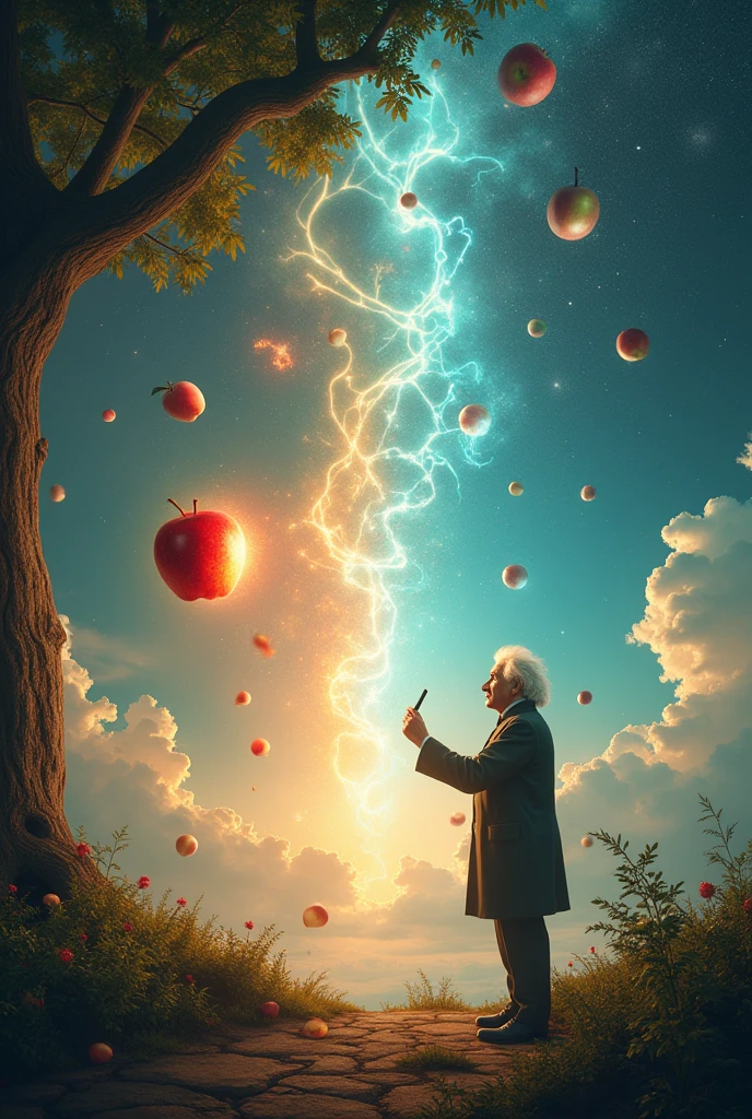 4k. UHD, Design a surreal and dynamic scene that merges the discovery of gravity by Isaac Newton and the revelation of the energy formula by Albert Einstein. On one side of the image, depict an apple falling from a tree with a burst of light or energy emanating from it, symbolizing the moment of discovery. On the other side, illustrate Albert Einstein standing in awe, holding chalk, with the famous equation 'E=mc²' glowing in front of him as if he just wrote it in mid-air. The background should blend the natural world (a tree, sky) with abstract representations of energy and space-time, using swirls of light and geometric shapes to symbolize the interconnectedness of these groundbreaking scientific moments. The overall tone should be one of wonder, discovery, and the powerful impact of these ideas on our understanding of the universe.