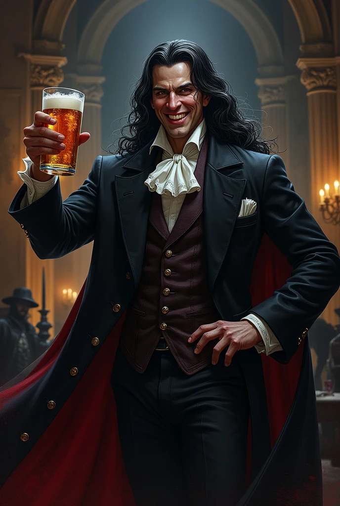 strahd von zarovich with jet black long hair giving a thumbs up while holding a beer while smiling
