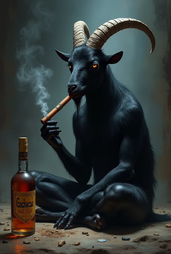 A black goat, sitting cross-legged, holding a bottle of cachaça and smoking a cigar