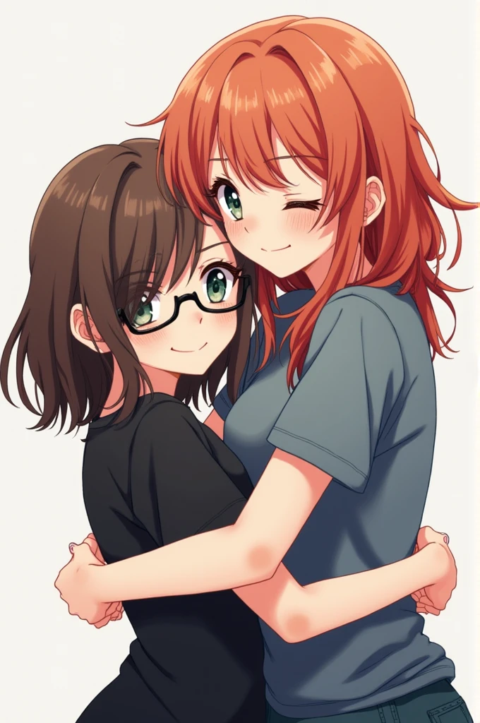 2 girl, friends, sisters, hugging tightly, emo scene artstyle. The first girl with brown slightly long hair a little messy and not straggly, the main length lies on the shoulders and a slanting fringe covering the left eye, gray-blue eyes and a black T-shirt, with round glasses, a little shorter, more cheerful, tactile and clingy. The second girl is reddish-orange slighty long hair, about the same hairstyle as the first girl only more neat and slightly round, quite lush hair and bangs in different directions across the forehead, dark green eyes, gray-blue T-shirt, slightly taller, more calm, self-contained.