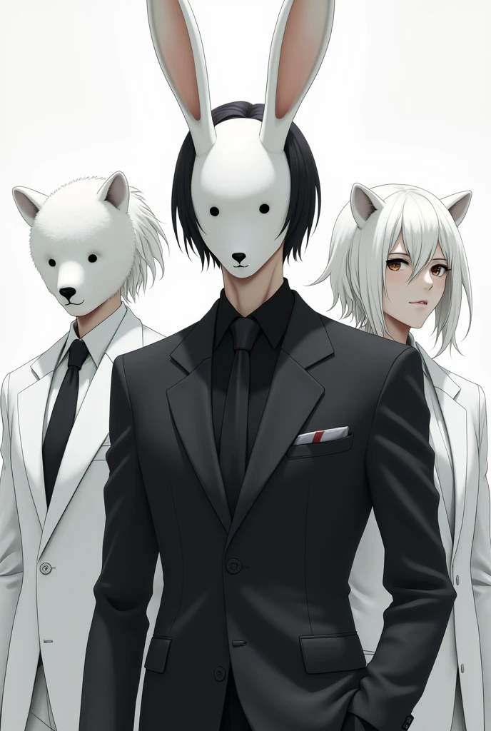 Create an anime-style character with short, straight black hair, white skin, wearing a white bunny mask and a black suit. The character should have a sleek and mysterious appearance. It must be a man and the mask must cover his ENTIRE face. Make two more characters on each side of him. The both wear a white suit and also have a mask on their face, except theirs are polar bears. The characters are twins and have white hair, the only difference being t one has long hair tied in a ponytail and the other one has short, messy hair.
