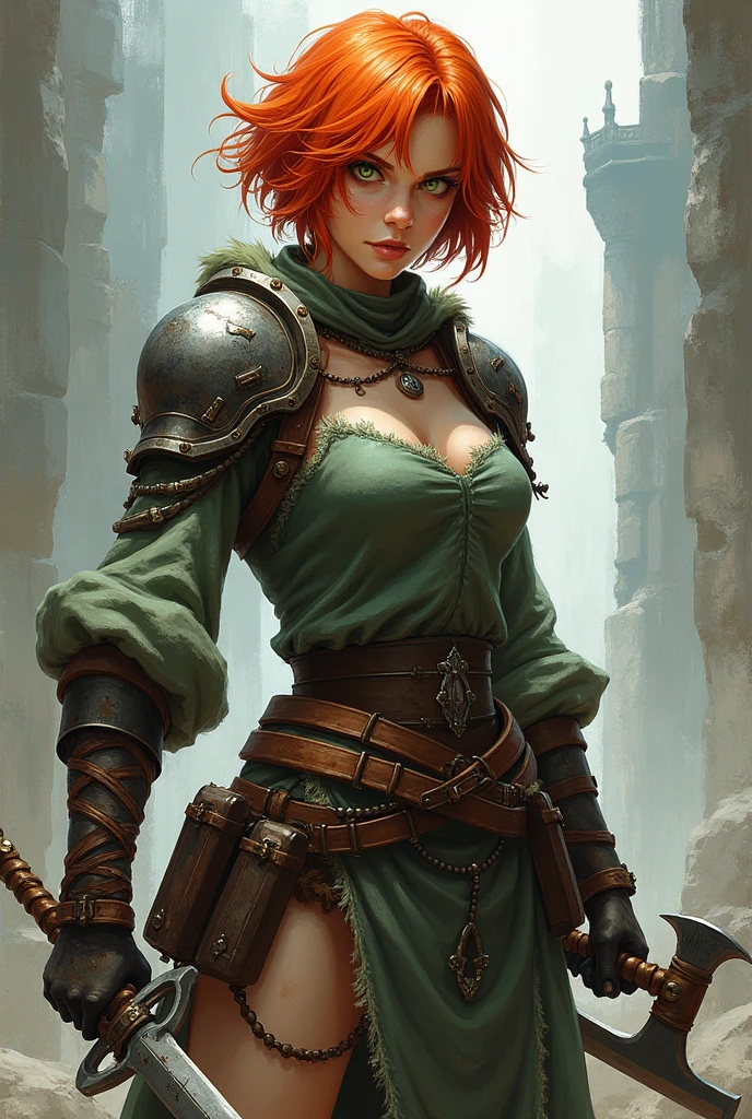 A woman adulates with short, red hair, but pulled towards orange, a warrior in old clothes and with old, worn armor, holding a dagger and an axe, greeneyes, anime styling.