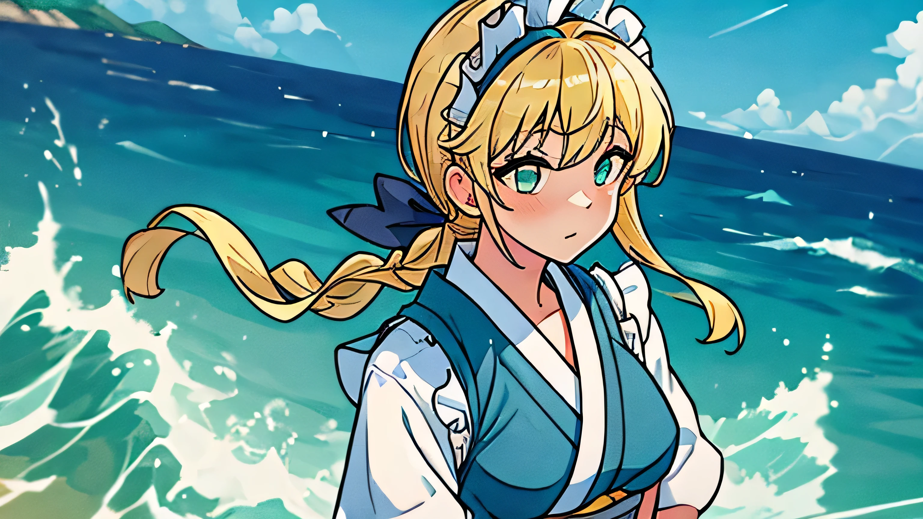 Japanese girl, blonde hair, White handkerchief on her head, wearing a teal maid costume, bow on the chest, playa, cerca del mar, blonde, Water Green Background, blue sky, ((inclinarse hacia adelante))