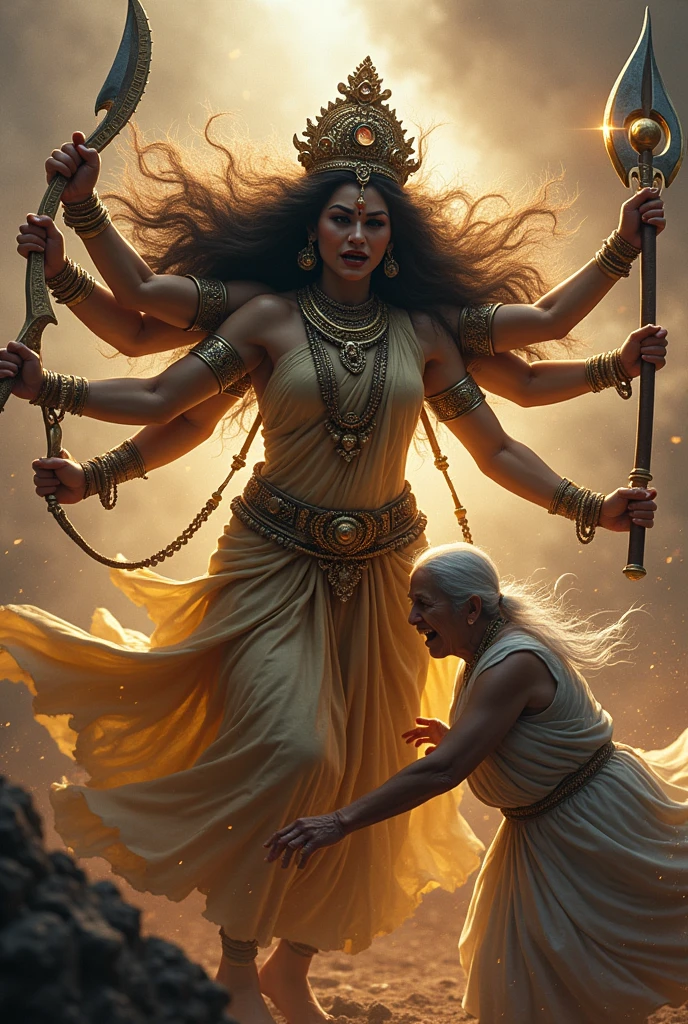Angry Goddess Durga slaughter an old lady who is wearing white saree