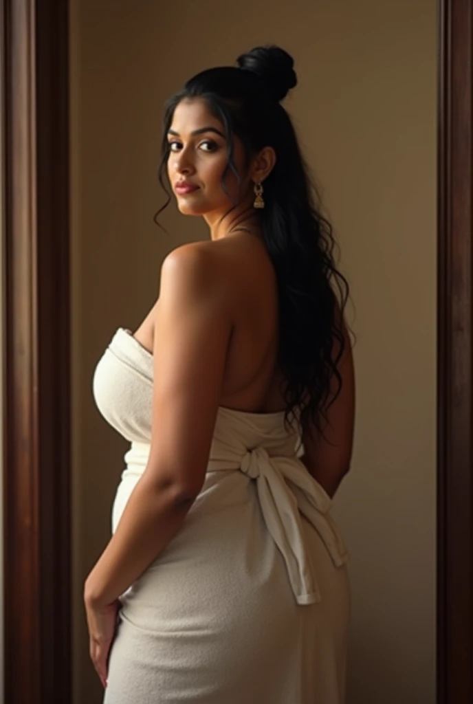 A brunette indian married 40 year old woman with long black hair bun and big breasts with a curvy body teasing room service boy seductively, 
wearing towel , sensual , realistic, full body, back view 