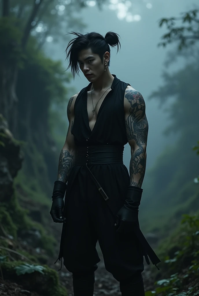 Jeon Jungkook in a dark nature landscape sitting powerfully characterized as Choso from the anime, hair in spiky side buns and a horizontal line above the nose, arm tattoos on display with all black clothing and combat boots