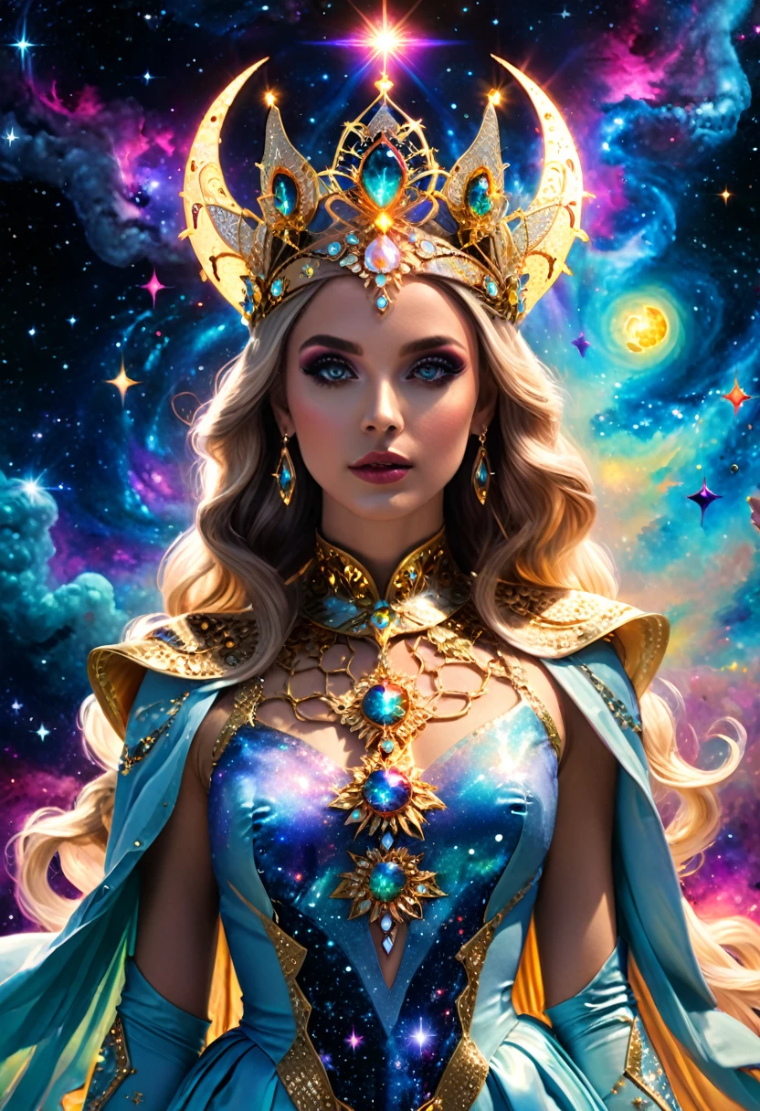 An ethereal cosmic goddess, her holographic form glowing with celestial brilliance against a backdrop of swirling galaxies. This awe-inspiring image is a digitally rendered painting, showing the intricate details of her flowing robes and intricate headdress. Each pixel is meticulously crafted to capture the essence of otherworldly grace, with a mesmerizing play of light and color. The image draws viewers into a mesmerizing realm of cosmic beauty and divine presence.