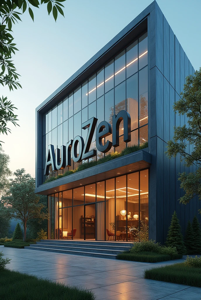 Create a 4D and 4K image of an investment firm with their name displayed prominently, AuroZen. The full name AuroZen should be large. Create ther image featuring a building and a team of people.