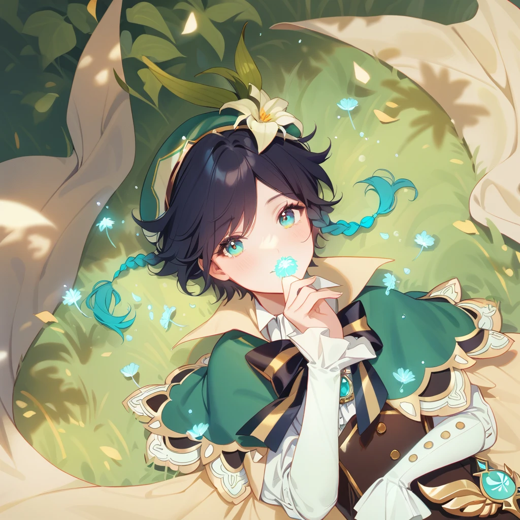 (best quality,4k,8k,highres,masterpiece:1.2),1boy,venti genshin impact,male focus,flat chest,ultra-detailed,realistic,(dsmile:0.5),morning of spring,delicate light rays,rich color palette,elegant curves,effects of light and shadow,flower petals falling,springtime essence,ethereal atmosphere,peaceful garden background,morning dew,soft sunlight filtering through trees,lush plants,komorebi,vividly colored blossoms,transcendent beauty,awe-inspiring artwork,white long-sleeved shirt, brown corset,green shorts, white tights,green cape,hat,brooch,green eyes,wise and kind god,cinematic lighting, ray tracing, UHD, high details, high quality, award winning, super detail,dandelion