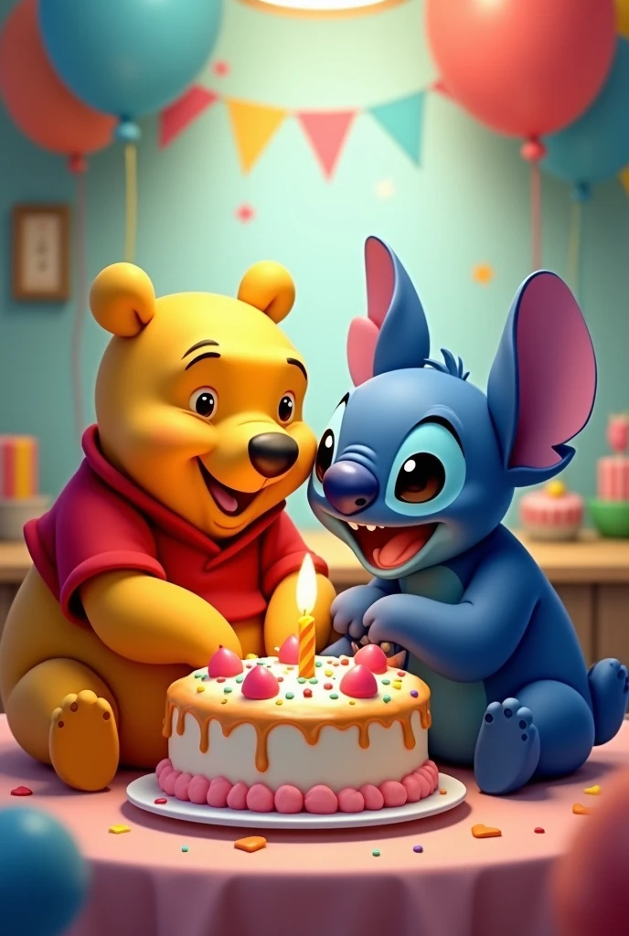 Winnie the Pooh and Stitch are eating birthday cake., colorful, cheered up, cute