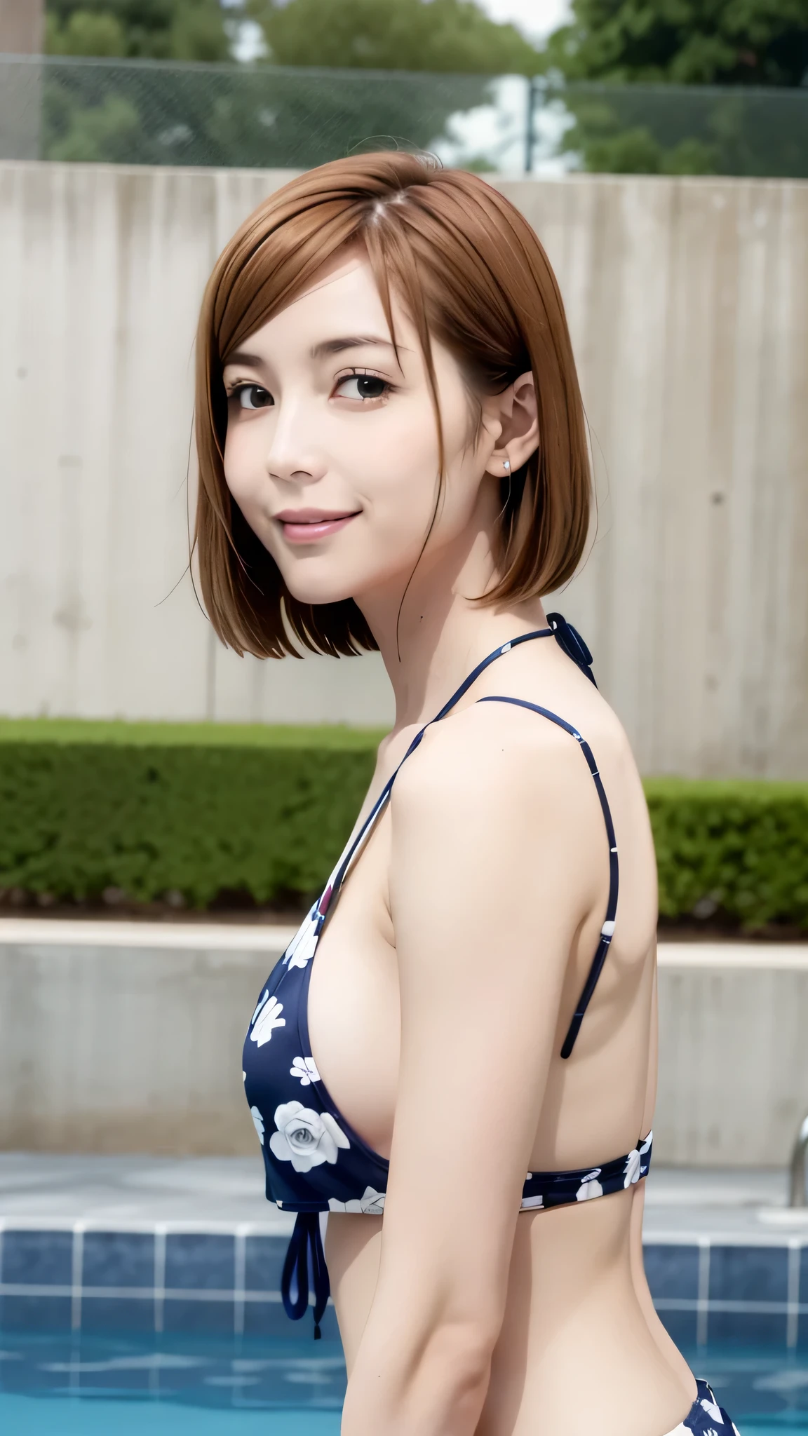 (expensive body, expensive, Long legs, mature female, mature, Adult:1.2), The eff_wait_nobara, One person, Kugisaki Nobara, alone, Brown Hair, Brown eyes, short hair, A bikini with a rose pattern on a white background, Portraiture, Mouth closed, bangs, View your viewers、Nobara Kugisaki、Open your eyes、The best smile、Poolside Background、Slender body line、Medium bust size