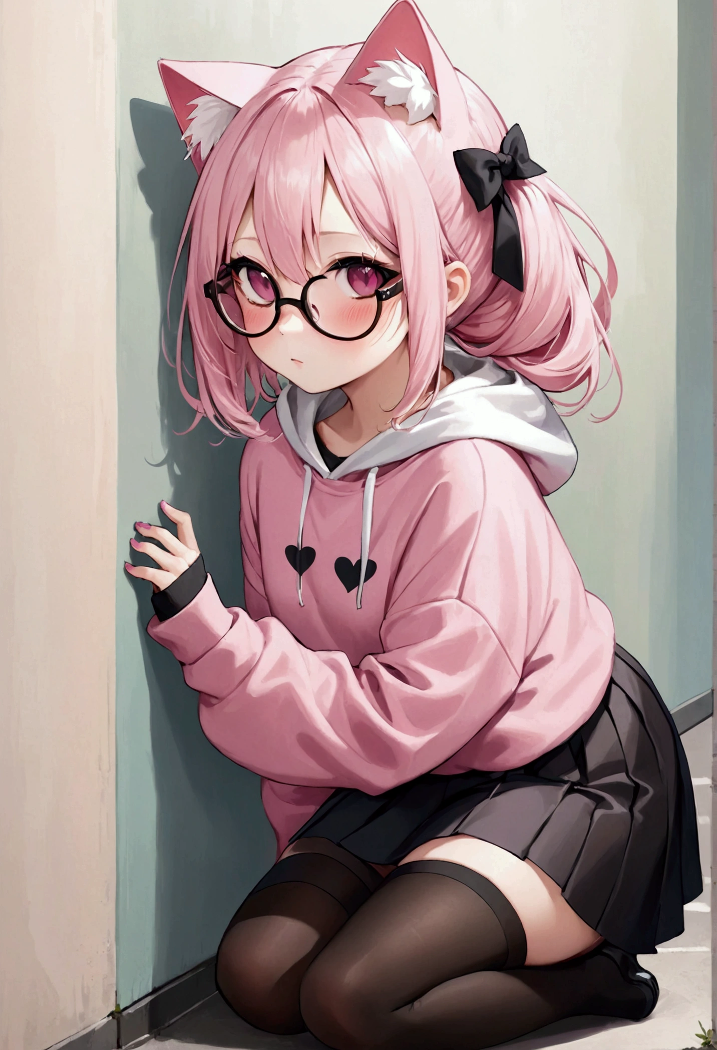 I have white pink hair, cat ears, a bun, my face is super blushing, black glasses, pink heart eyes, a big pink sweatshirt, a black skirt, black stockings, white shoes, a cat&#39;s tail, a girl. very shy that she is glued to a wall with her butt
