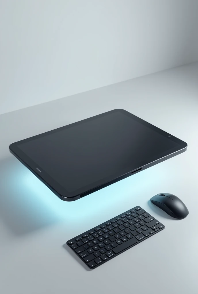 A tablet with a black screen, with the screen on ,infinite screen without borders,with a keyboard with black mousepad