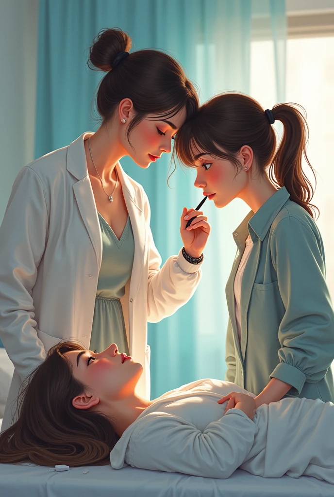 mother and daughter, doctor, female gynecologist examining age patient, confident and serious, looking down, with her right hand in her mouth, holding between her teeth, Open sweater, lying on the examination table, hospital bed, consulting room, with her mother beside her, curious, flushed, honeyed, rosy